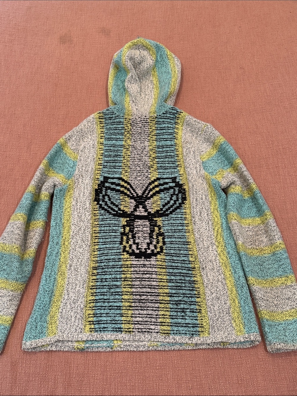 Large wm’s soft and cozy Hooded Striped Baja Sweater - Teal, Gray, Yellow - Picture 13 of 15